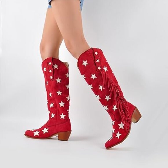 Cowgirl Boots Stars Block Heels Fringed Pull On Faux Suede Under the Knee-RED - Picture 2 of 6